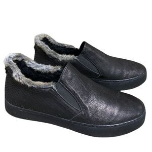 Stuart Weitzman Black Leather And Faux Fur Slip on Sneakers Size 7
